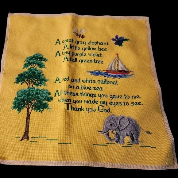 VTG Yellow Elephant Bee Tree Needlecraft Needlepoint Nursery Kids Prayer - Picture 11 of 15